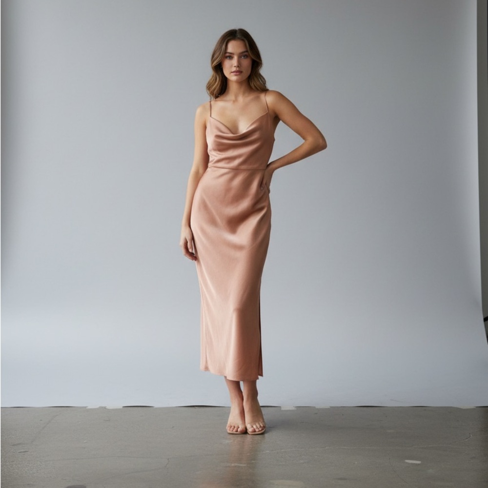 Satin Midi Slip Dress | Cowl Neck | Champagne | Wedding guest